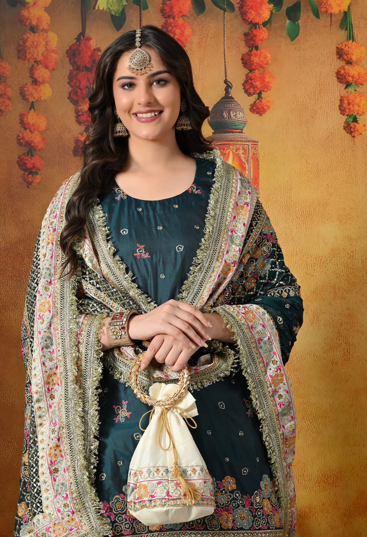 Regal Teal Silk Gharara Set With Zardozi, Thread & Crystal Work