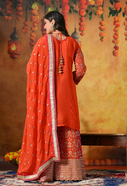 Orange & Pink Chinon Sharara Set with Zardozi & Mirror Work
