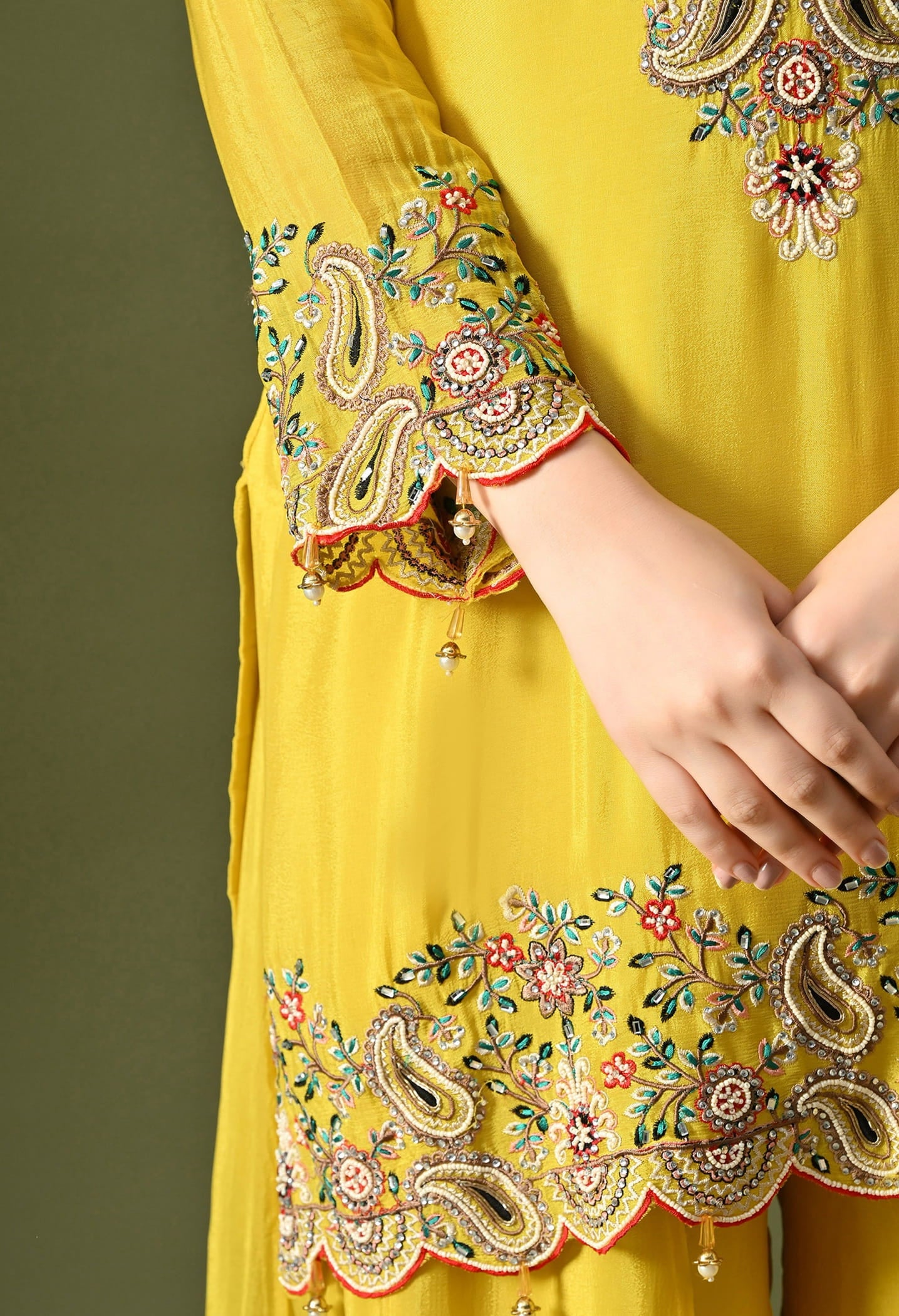 Yellow Sharara Set with Thread, Mirror, Crystal & Pearl Work.