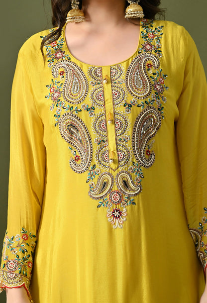 Yellow Sharara Set with Thread, Mirror, Crystal & Pearl Work.