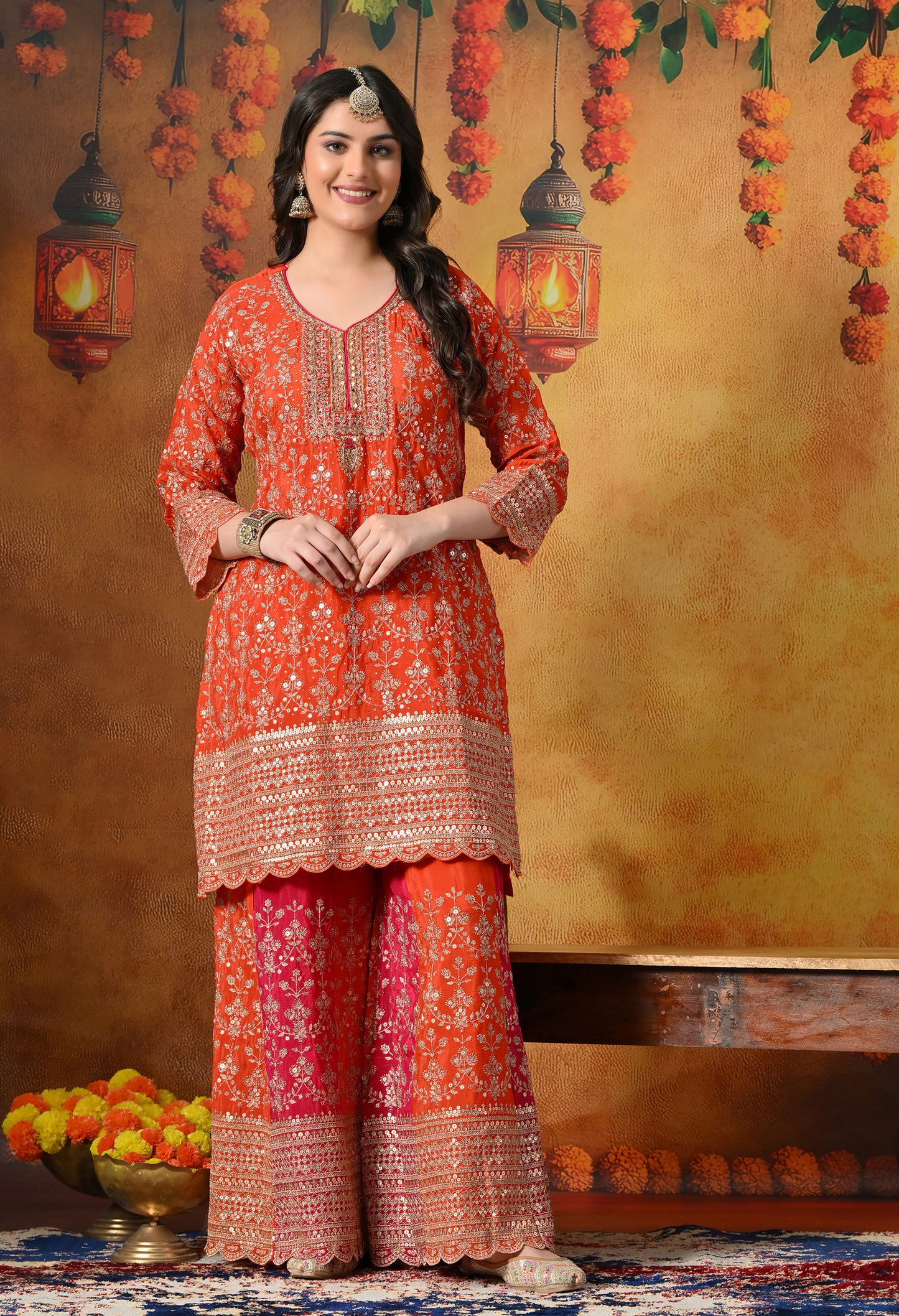 Orange & Pink Chinon Sharara Set with Zardozi & Mirror Work