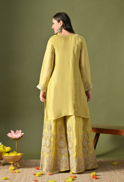 Greenish Yellow Sharara Set with Zardozi, Sequin & Pearl Work.