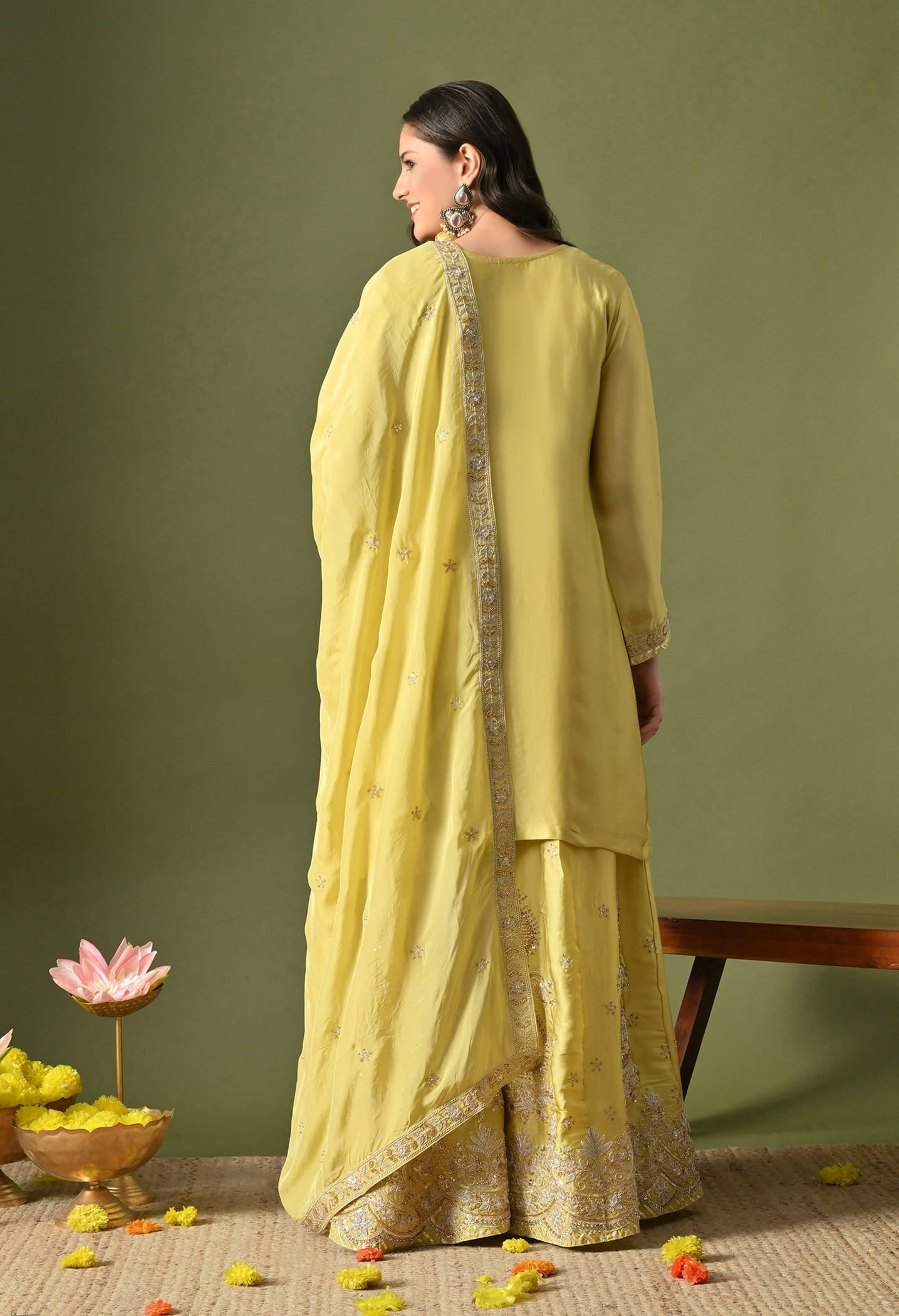 Greenish Yellow Sharara Set with Zardozi, Sequin & Pearl Work.