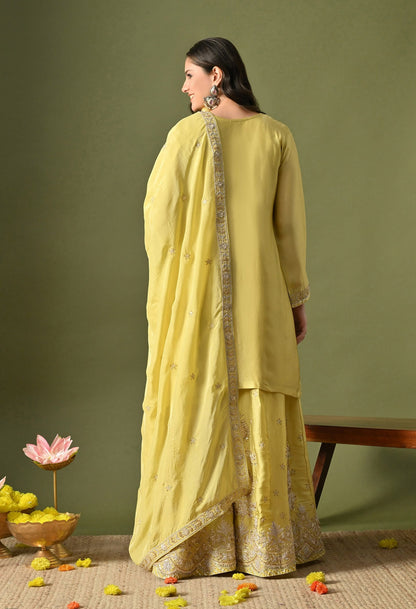 Greenish Yellow Sharara Set with Zardozi, Sequin & Pearl Work.