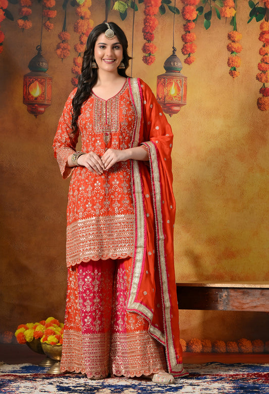 Orange & Pink Chinon Sharara Set with Zardozi & Mirror Work