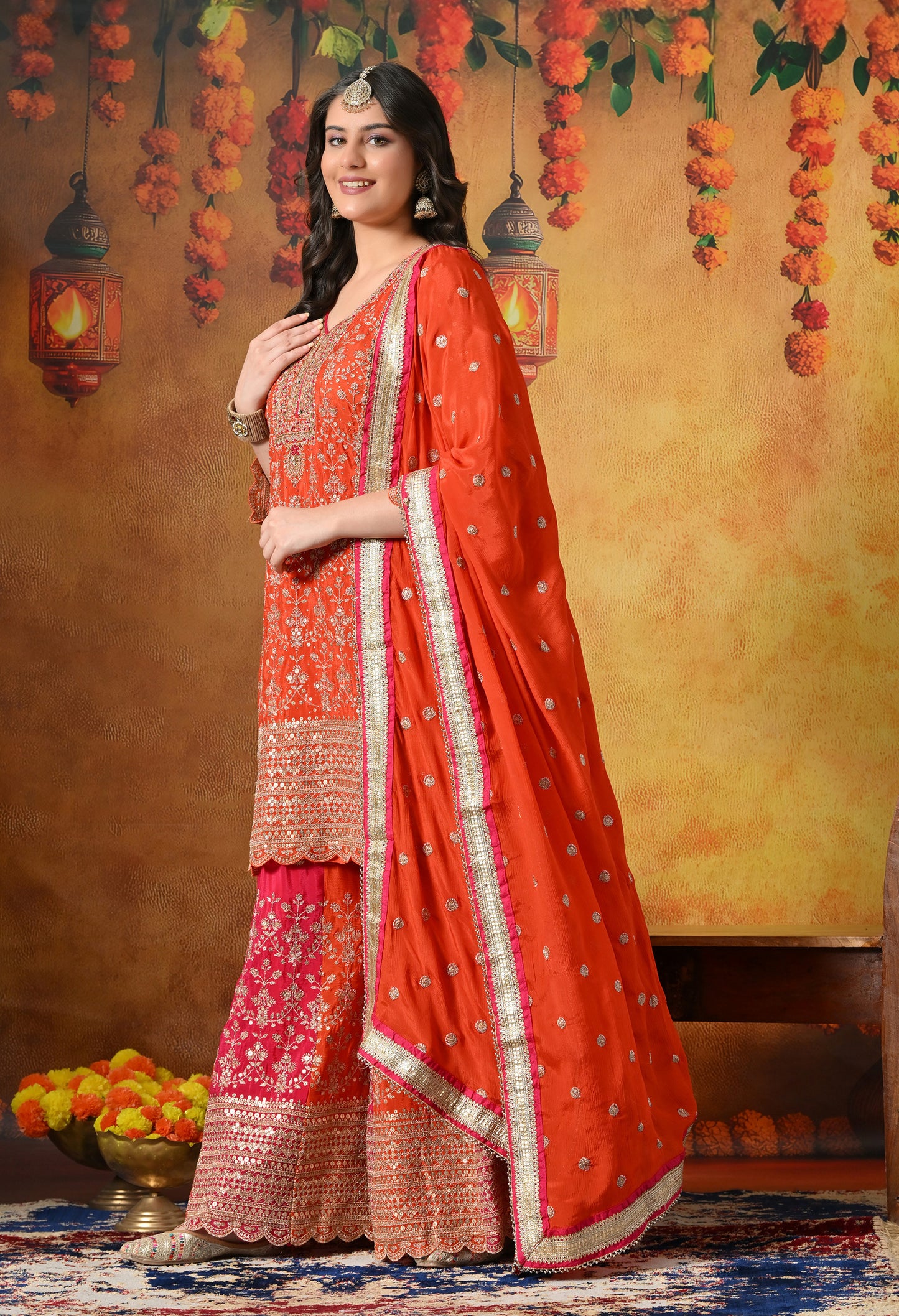 Orange & Pink Chinon Sharara Set with Zardozi & Mirror Work