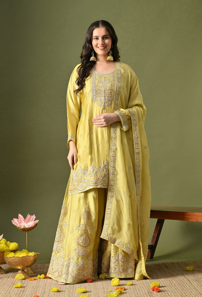 Greenish Yellow Sharara Set with Zardozi, Sequin & Pearl Work.