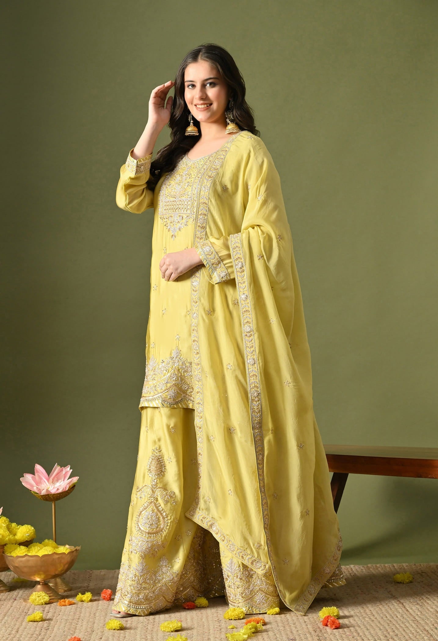Greenish Yellow Sharara Set with Zardozi, Sequin & Pearl Work.