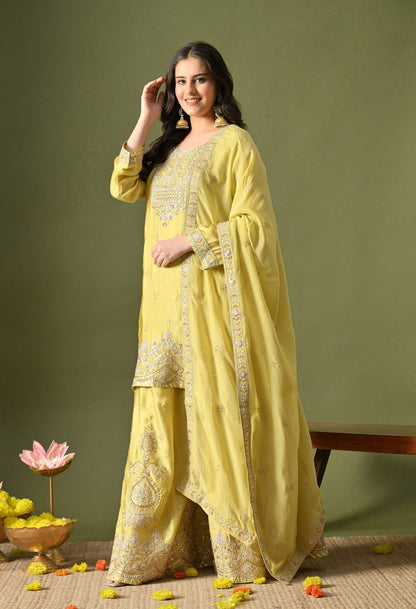 Greenish Yellow Sharara Set with Zardozi, Sequin & Pearl Work.