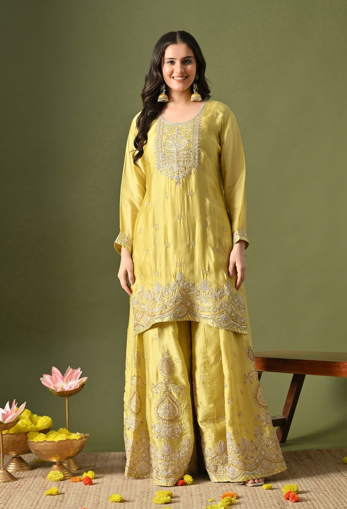 Greenish Yellow Sharara Set with Zardozi, Sequin & Pearl Work.
