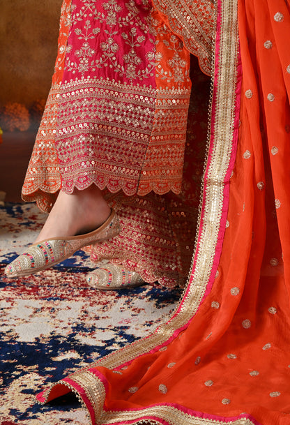 Orange & Pink Chinon Sharara Set with Zardozi & Mirror Work