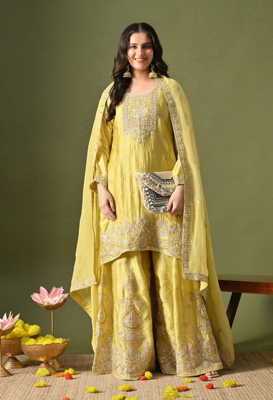 Greenish Yellow Sharara Set with Zardozi, Sequin & Pearl Work.