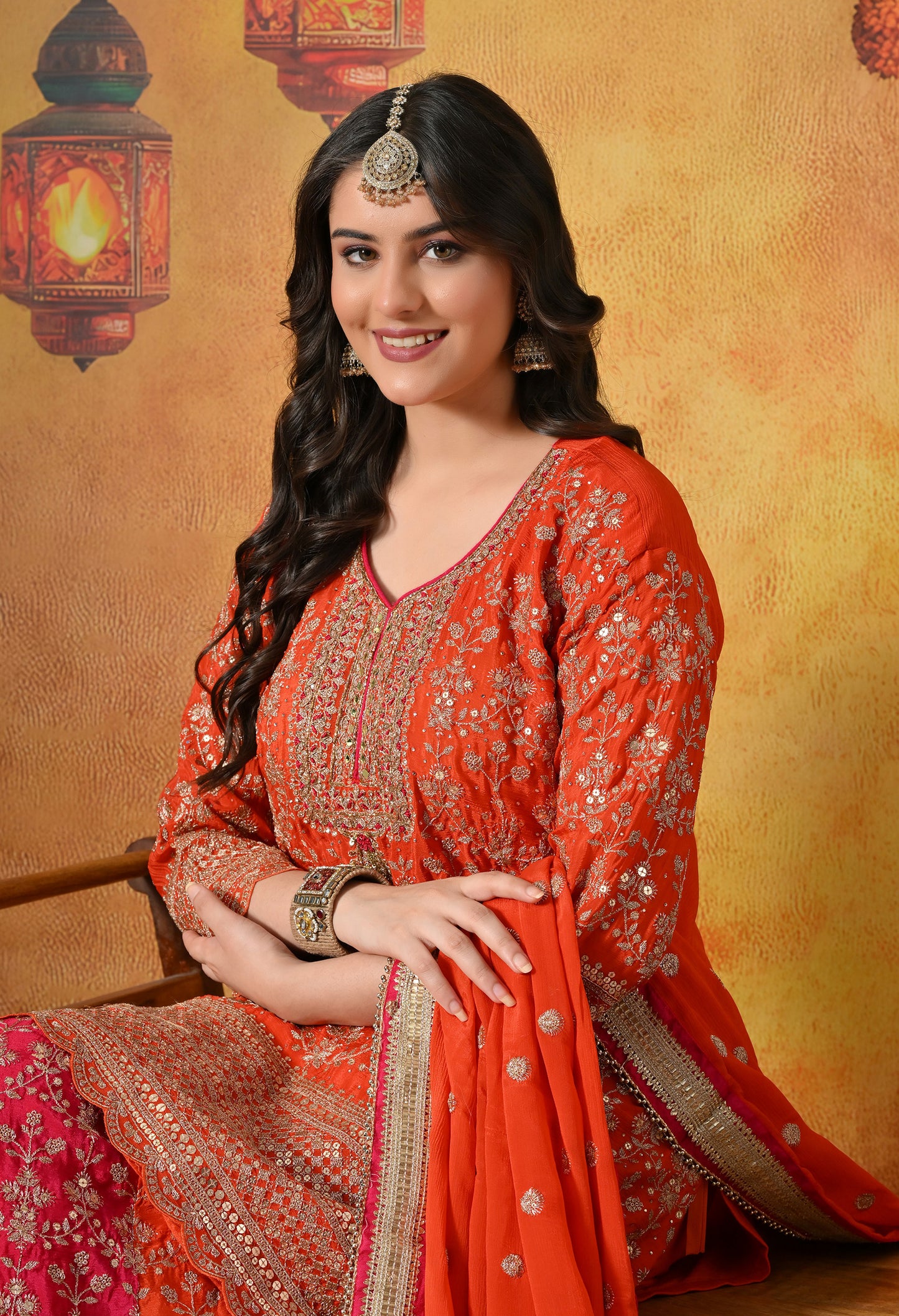 Orange & Pink Chinon Sharara Set with Zardozi & Mirror Work
