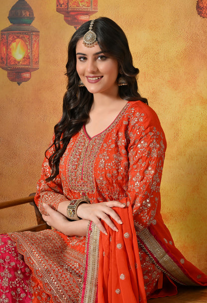 Orange & Pink Chinon Sharara Set with Zardozi & Mirror Work