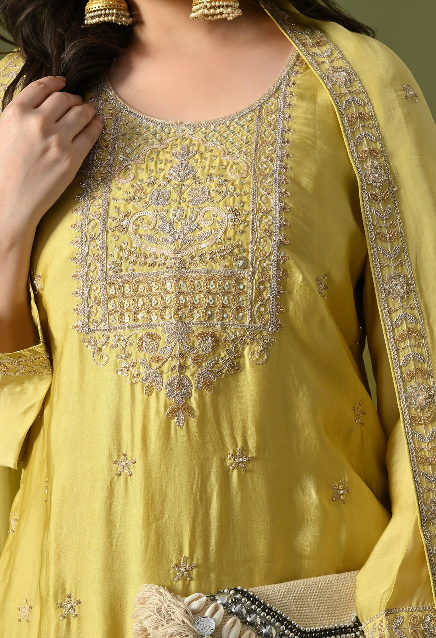 Greenish Yellow Sharara Set with Zardozi, Sequin & Pearl Work.