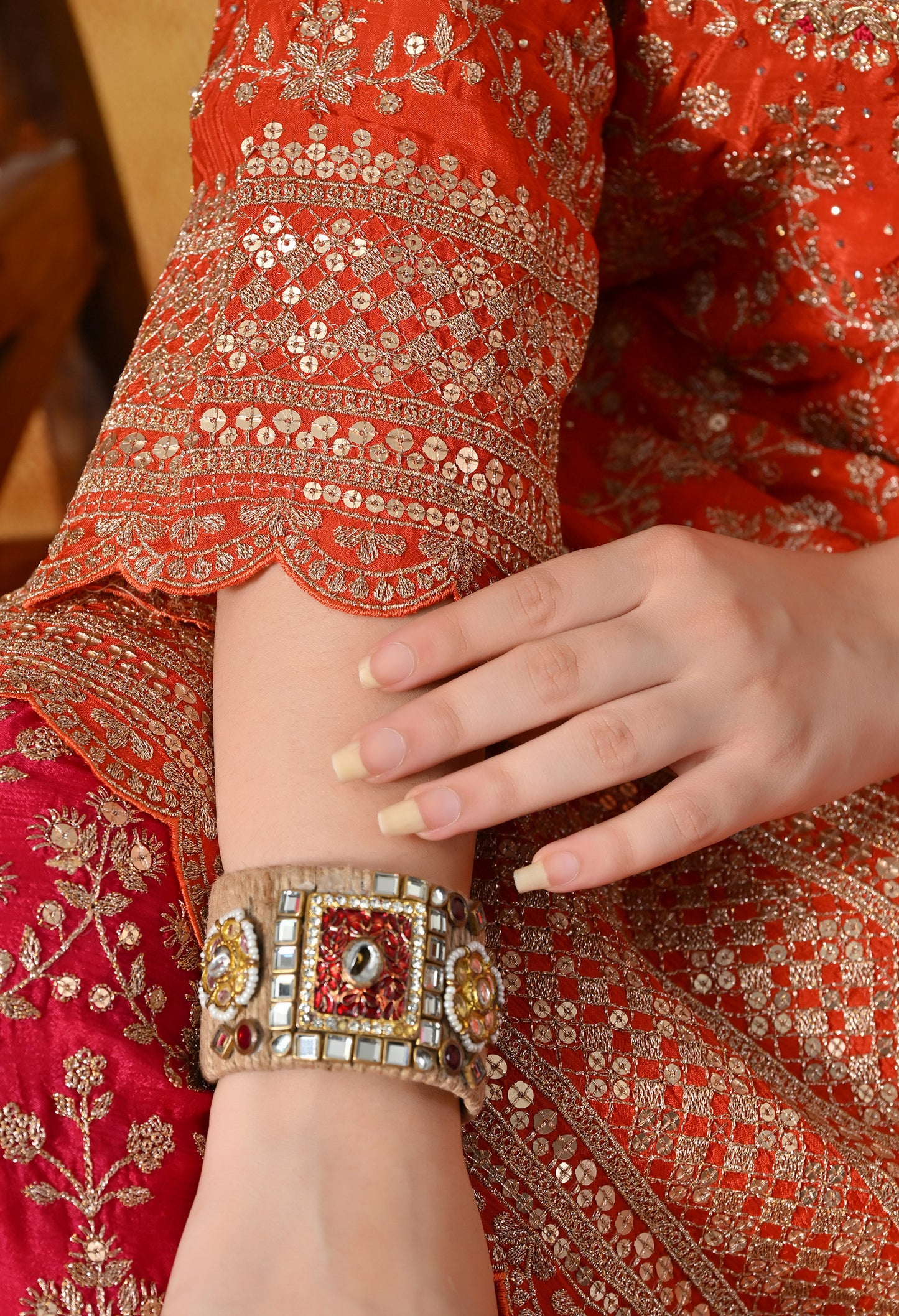 Orange & Pink Chinon Sharara Set with Zardozi & Mirror Work