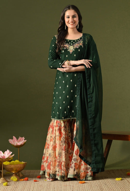 Green Gharara Set with Thread & Zardozi Work.