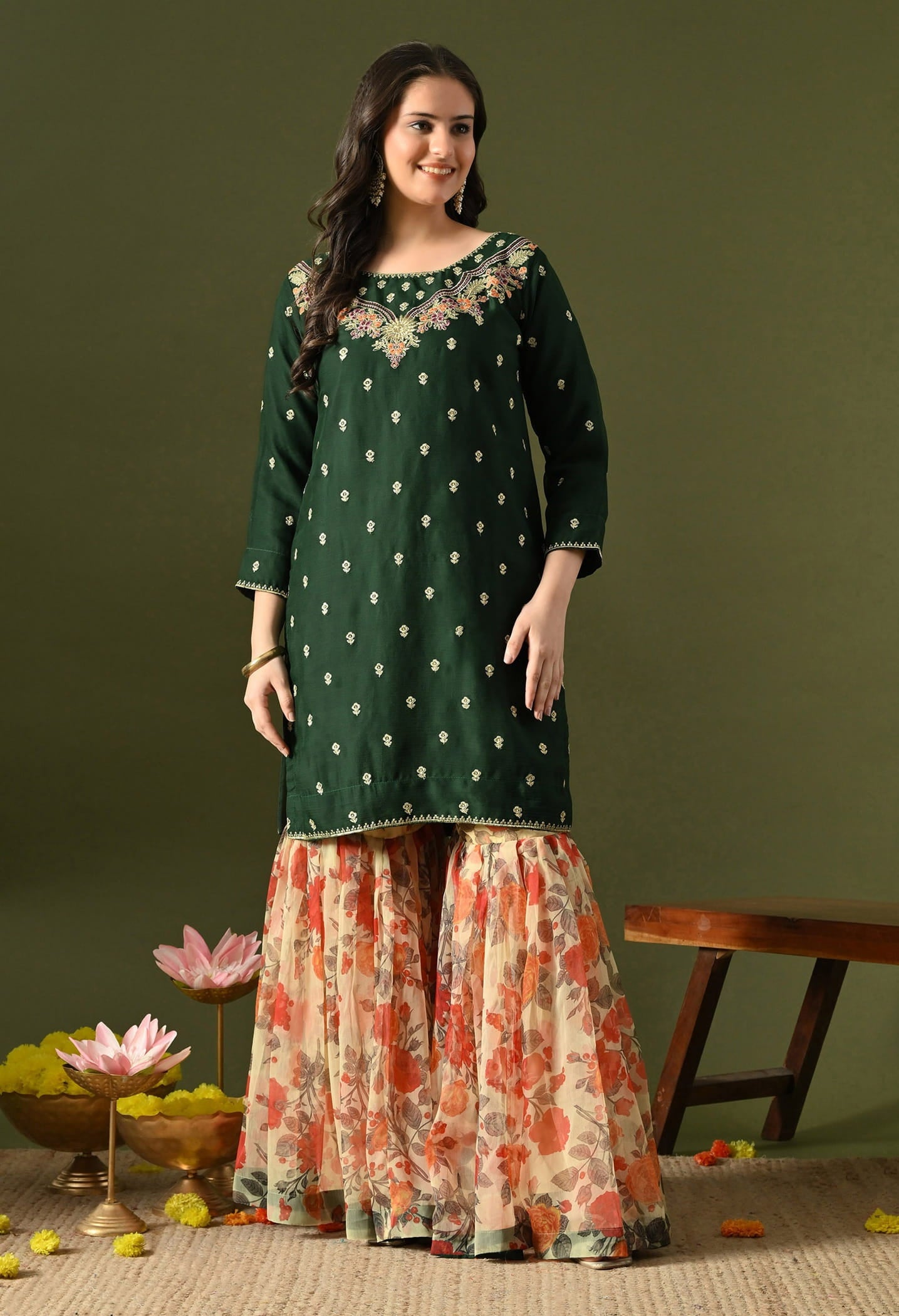 Green Gharara Set with Thread & Zardozi Work.