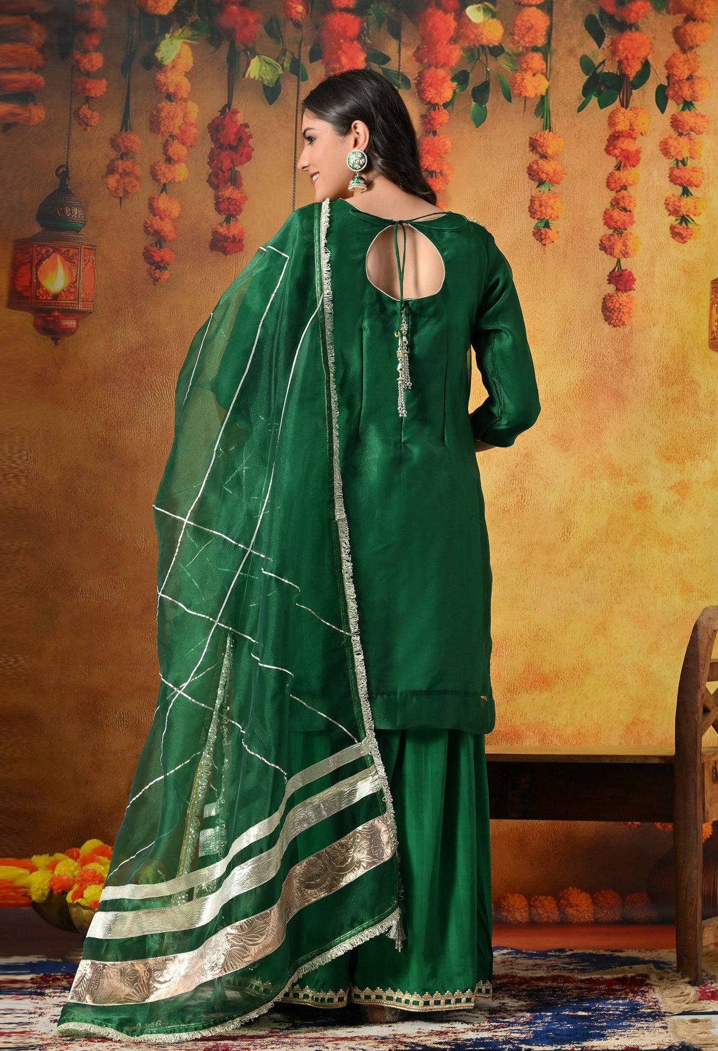 Green Gharara Set With Gotta, Crystal & Sequin Work