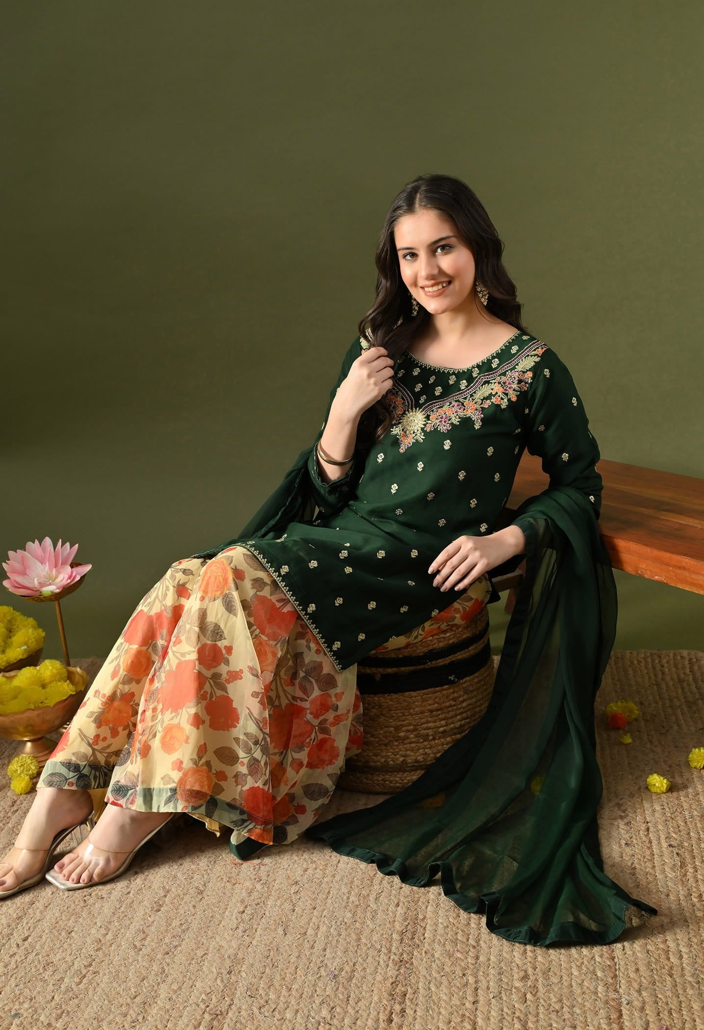 Green Gharara Set with Thread & Zardozi Work.