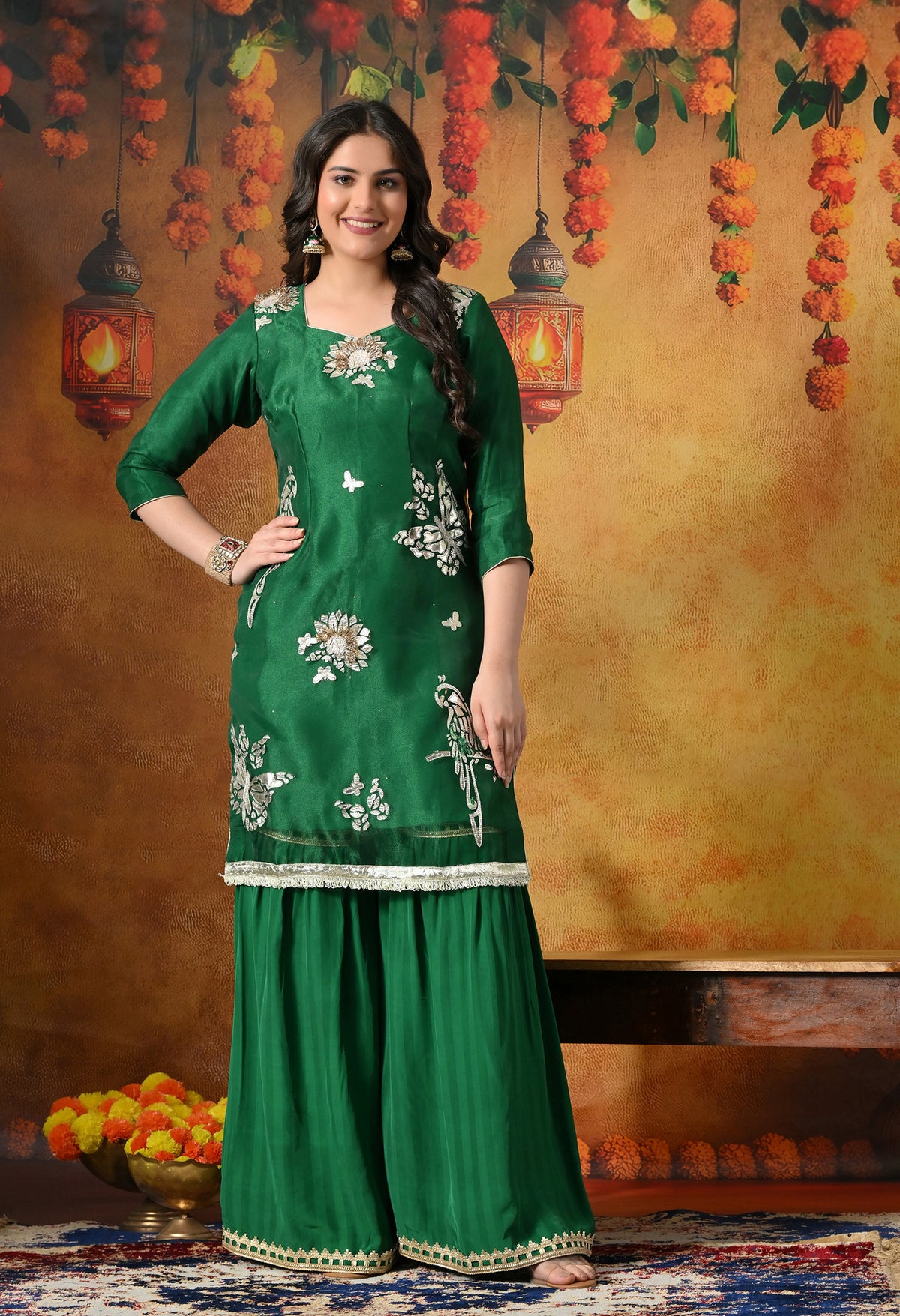 Green Gharara Set With Gotta, Crystal & Sequin Work
