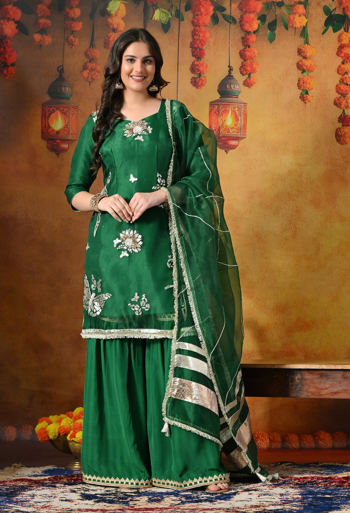 Green Gharara Set With Gotta, Crystal & Sequin Work