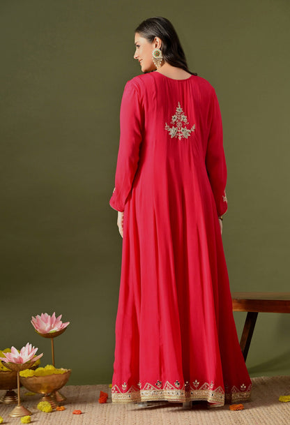 Hot Pink Anarkali Set with Gotta, Zardozi & Mirror Work.