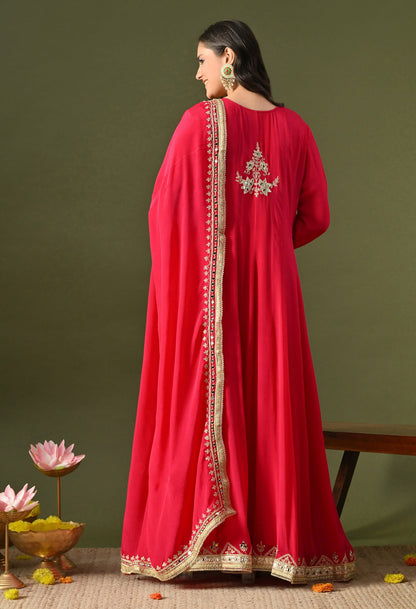 Hot Pink Anarkali Set with Gotta, Zardozi & Mirror Work.