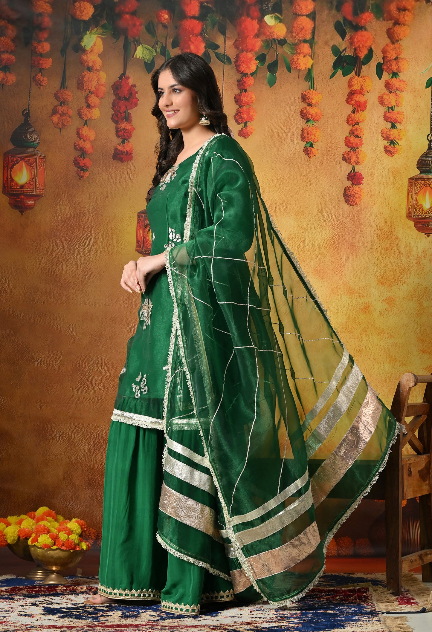 Green Gharara Set With Gotta, Crystal & Sequin Work