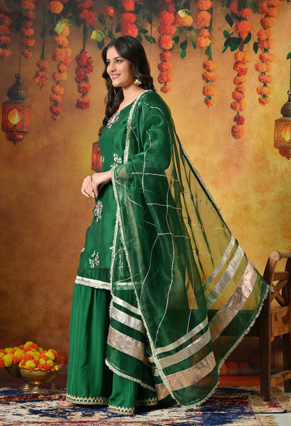 Green Gharara Set With Gotta, Crystal & Sequin Work
