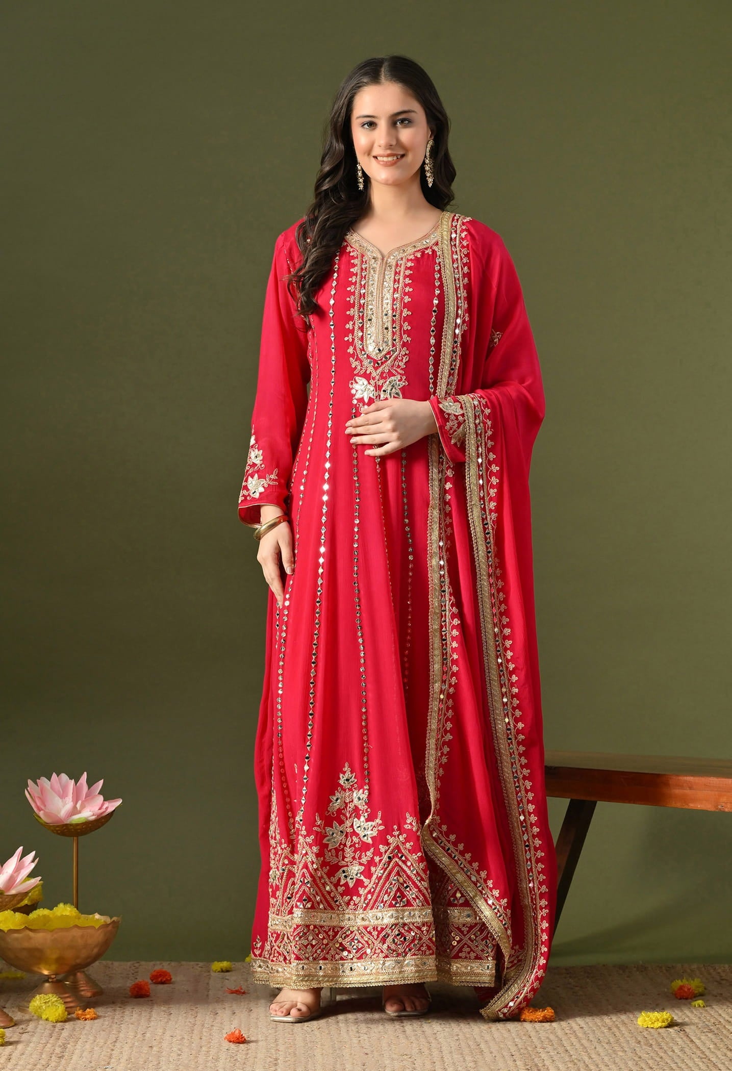 Hot Pink Anarkali Set with Gotta, Zardozi & Mirror Work.