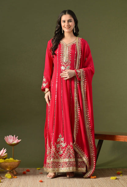 Hot Pink Anarkali Set with Gotta, Zardozi & Mirror Work.