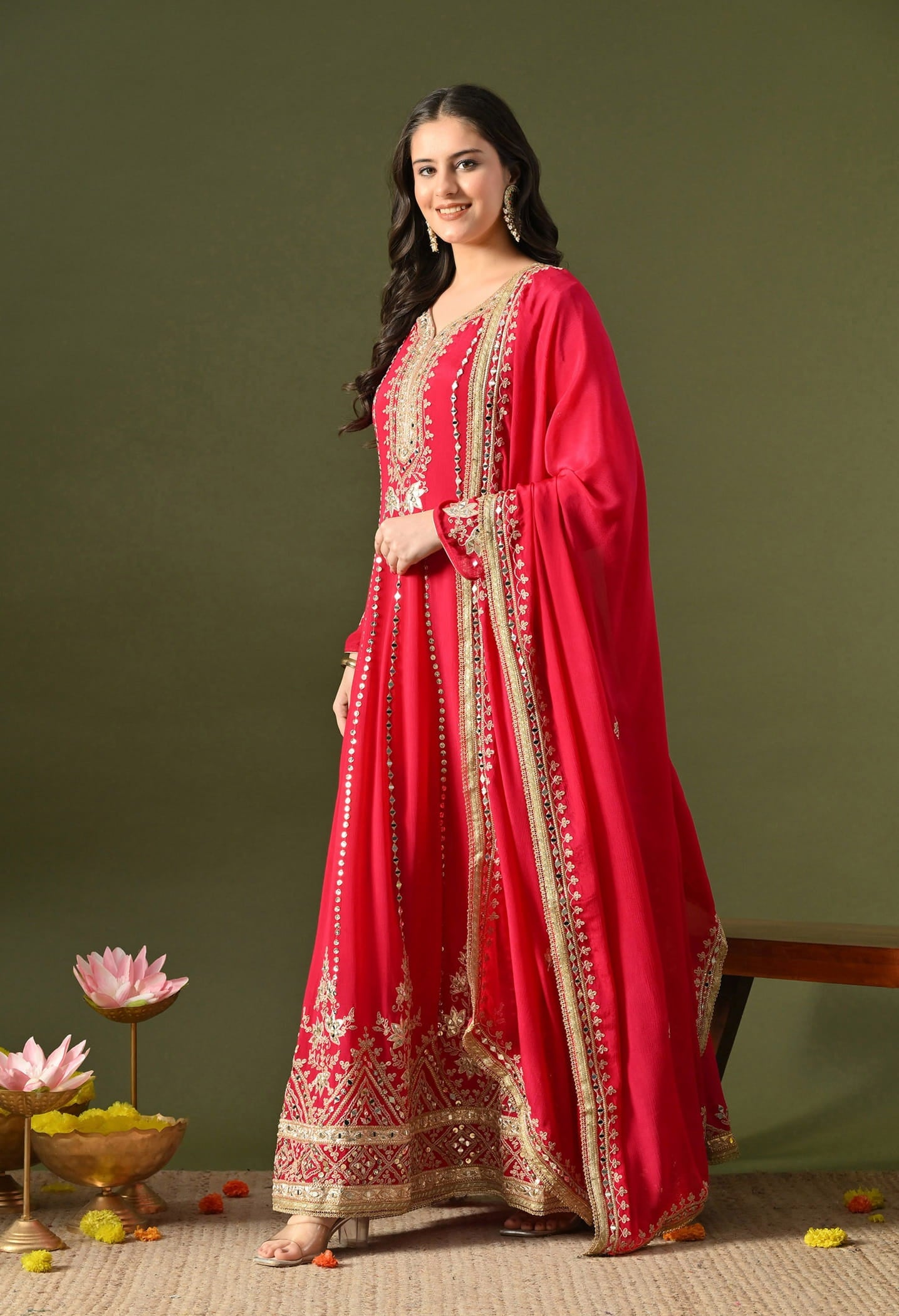 Hot Pink Anarkali Set with Gotta, Zardozi & Mirror Work.