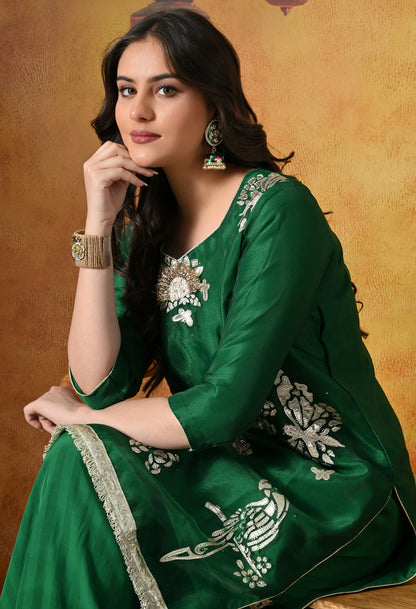 Green Gharara Set With Gotta, Crystal & Sequin Work
