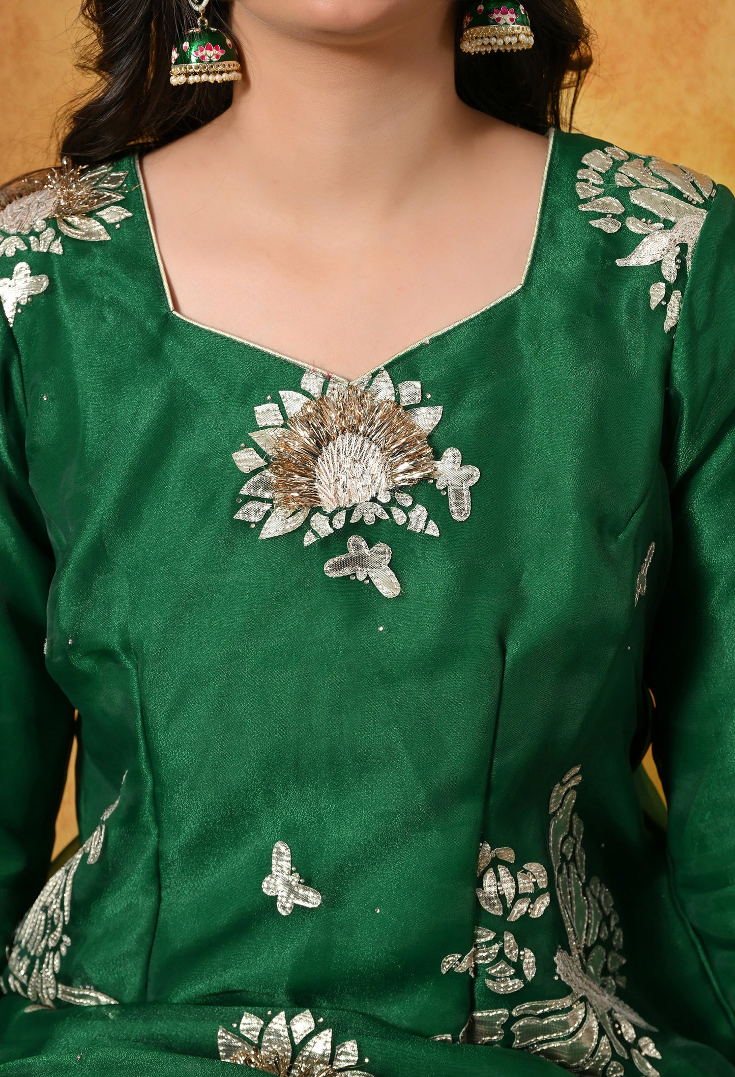 Green Gharara Set With Gotta, Crystal & Sequin Work