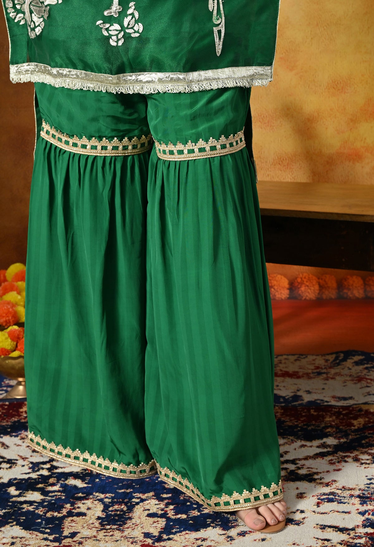 Green Gharara Set With Gotta, Crystal & Sequin Work