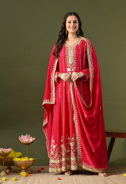 Hot Pink Anarkali Set with Gotta, Zardozi & Mirror Work.