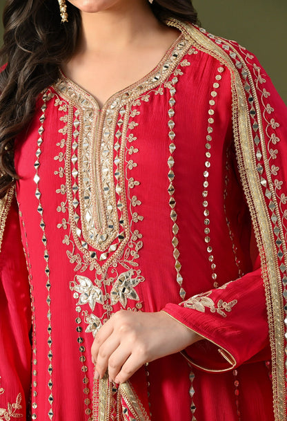 Hot Pink Anarkali Set with Gotta, Zardozi & Mirror Work.