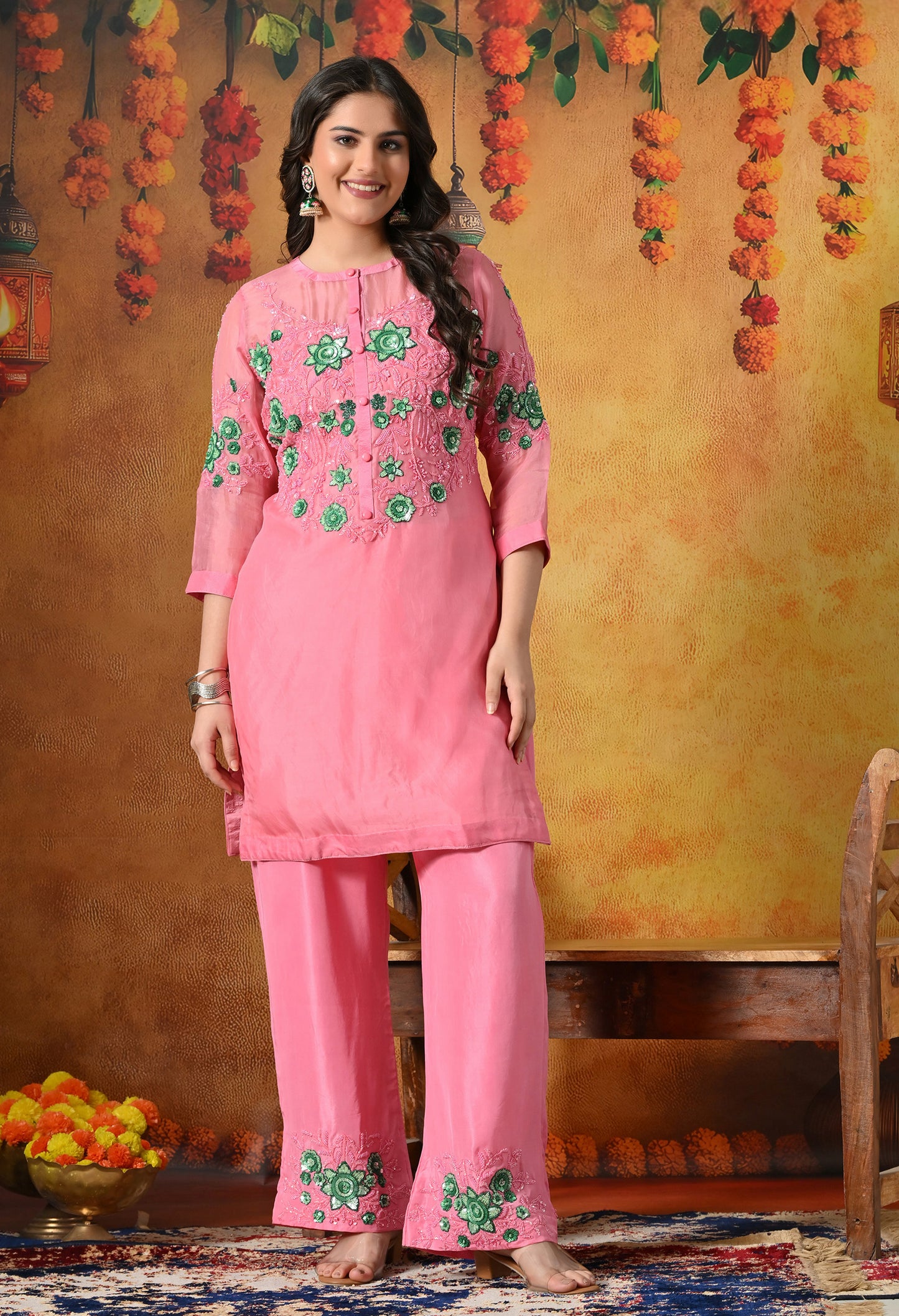 Charming Pink Kurta Set with Sequence and Thread Embroidery
