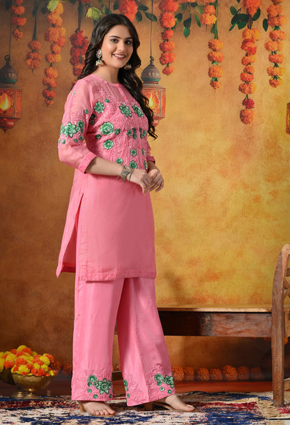 Charming Pink Kurta Set with Sequence and Thread Embroidery