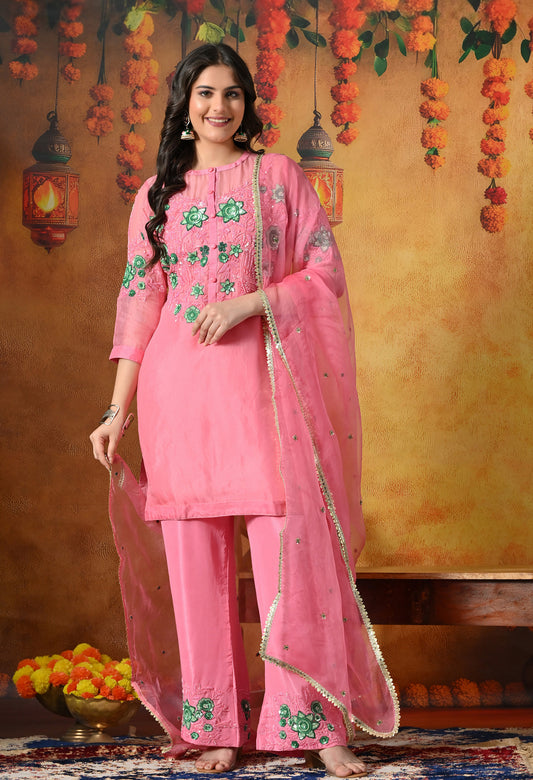 Charming Pink Kurta Set with Sequence and Thread Embroidery