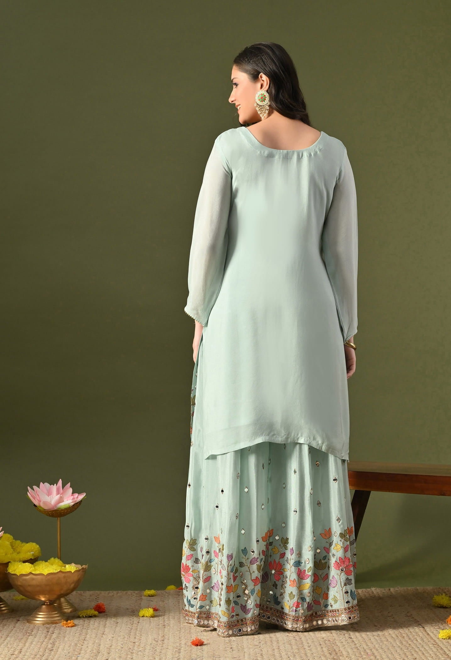 Aqua Blue Sharara Set with Thread, Zardozi, Mirror & Sequin Work.