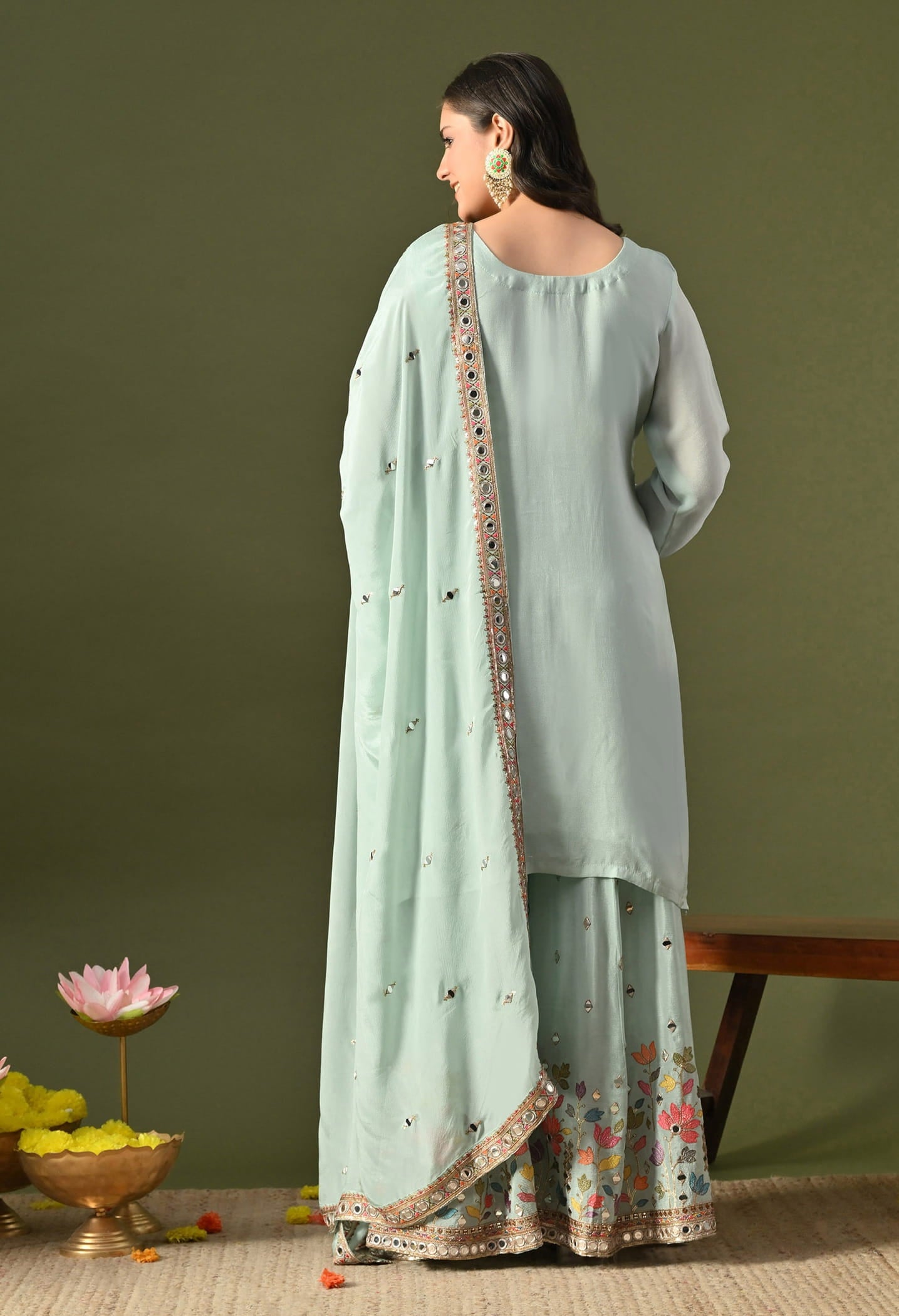 Aqua Blue Sharara Set with Thread, Zardozi, Mirror & Sequin Work.