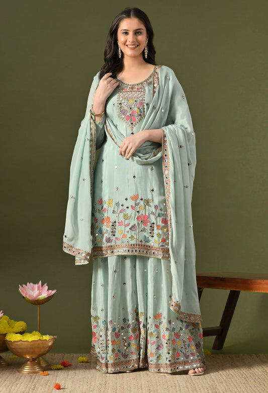 Aqua Blue Sharara Set with Thread, Zardozi, Mirror & Sequin Work.