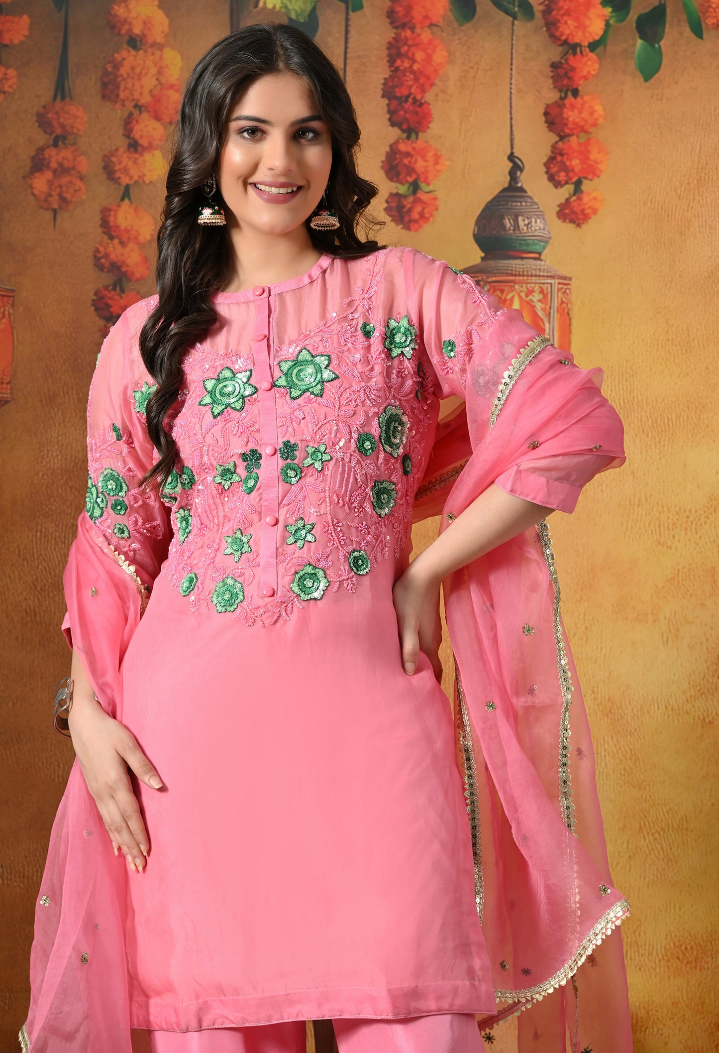 Charming Pink Kurta Set with Sequence and Thread Embroidery