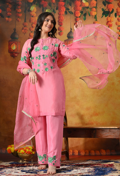 Charming Pink Kurta Set with Sequence and Thread Embroidery