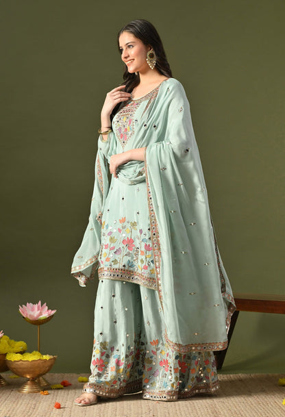 Aqua Blue Sharara Set with Thread, Zardozi, Mirror & Sequin Work.