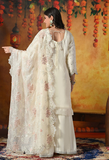 Ivory White Sharara Set With Thread, Sequin & Cutdana Work