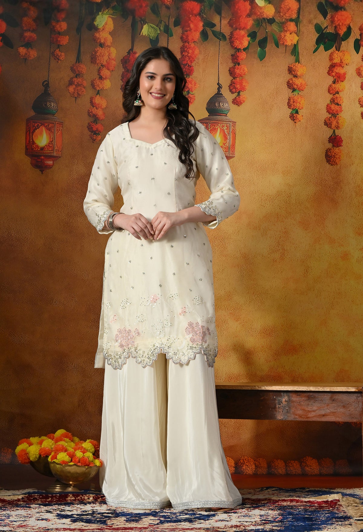 Ivory White Sharara Set With Thread, Sequin & Cutdana Work