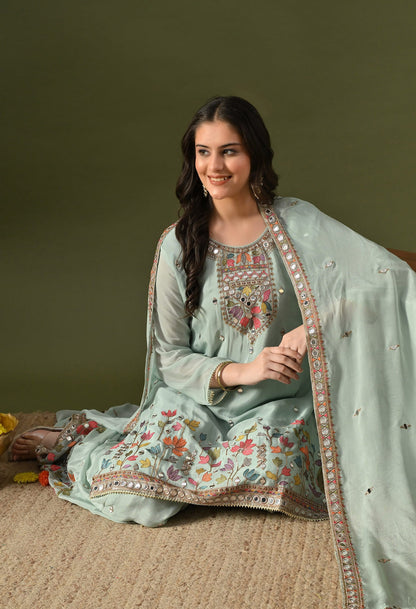 Aqua Blue Sharara Set with Thread, Zardozi, Mirror & Sequin Work.